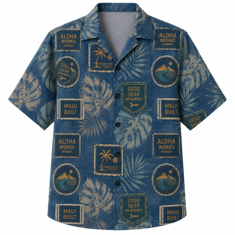 Labor Day Hawaiian Shirt- Island Workwear Patch Print for Summer
