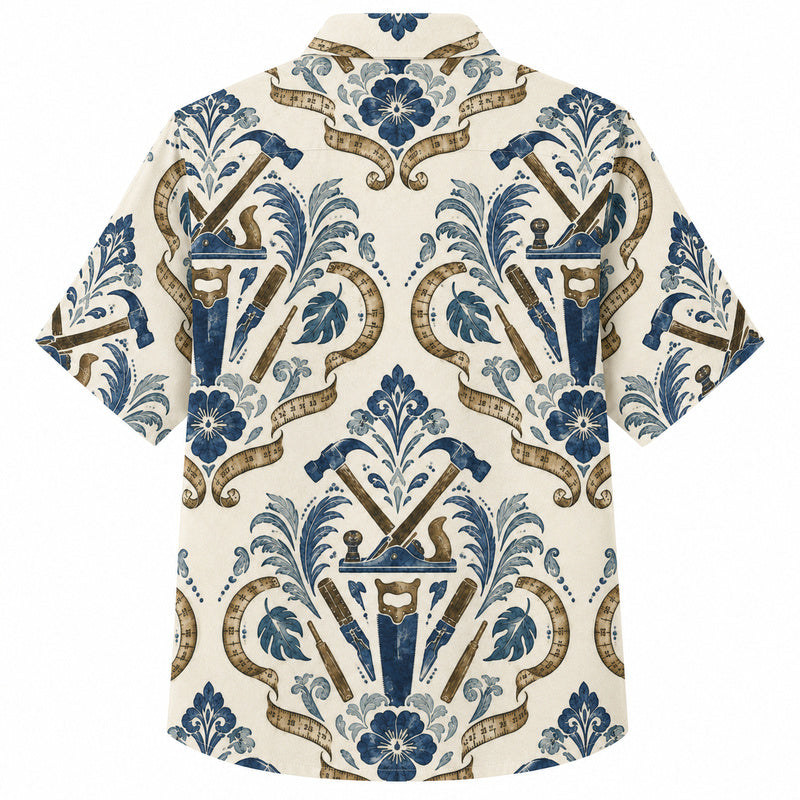 Labor Day Hawaiian Shirt- Ivory Damask Tool and Scroll Print