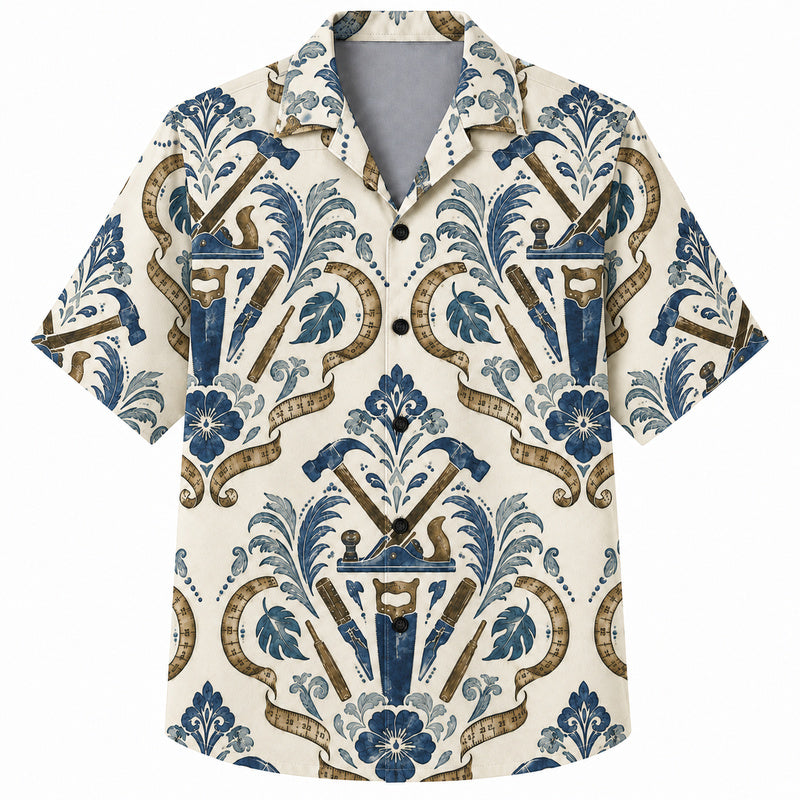 Labor Day Hawaiian Shirt- Ivory Damask Tool and Scroll Print