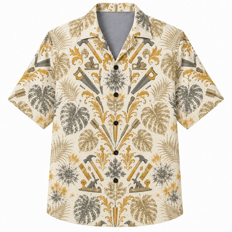 Labor Day Hawaiian Shirt- Ivory Hammer Fern Damask Print for Summer
