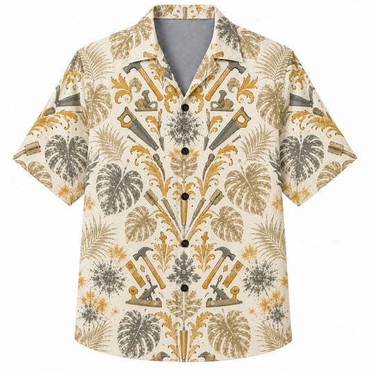 Labor Day Hawaiian Shirt- Ivory Hammer Fern Damask Print for Summer