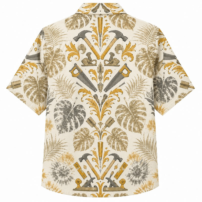 Labor Day Hawaiian Shirt- Ivory Hammer Fern Damask Print for Summer