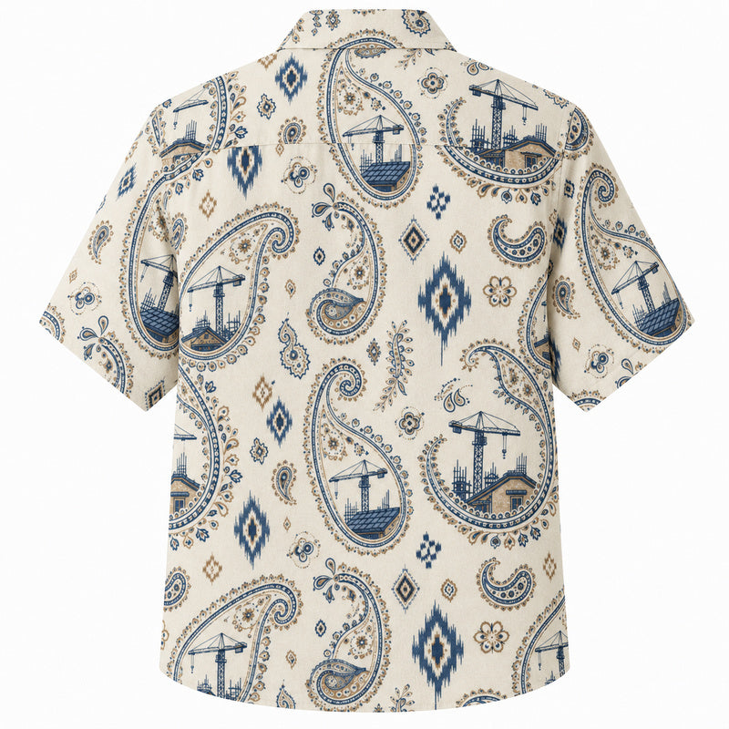 Labor Day Hawaiian Shirt- Ivory Paisley and Crane Motif Print