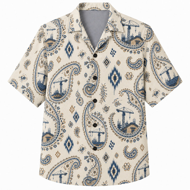 Labor Day Hawaiian Shirt- Ivory Paisley and Crane Motif Print