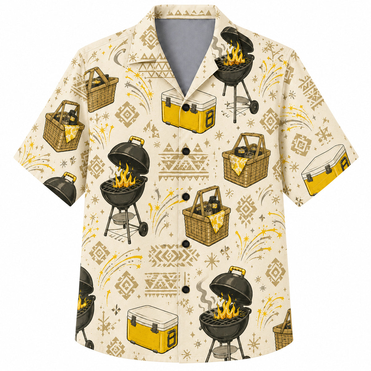 Labor Day Hawaiian Shirt- Kettle Grill and Cooler Picnic Print in Cream