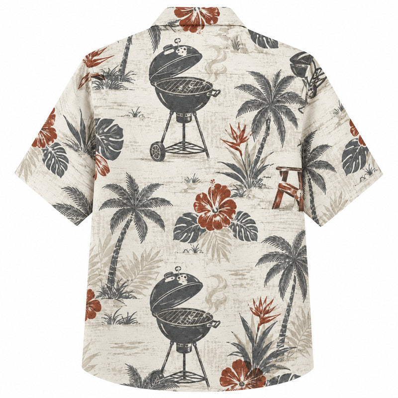 Labor Day Hawaiian Shirt- Kettle Grill and Palm Tree Cookout Print
