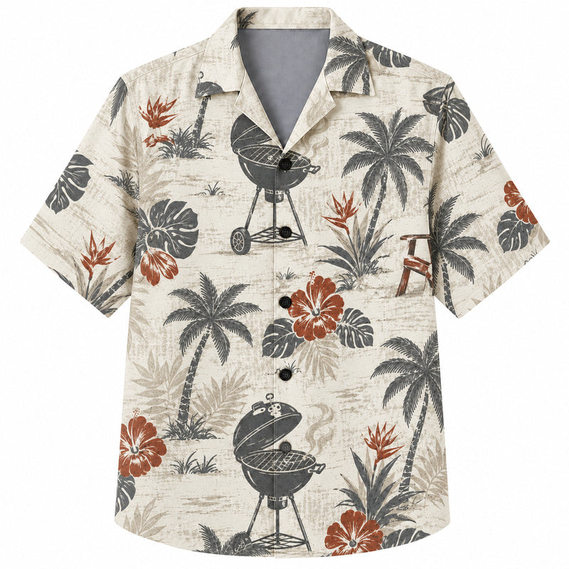 Labor Day Hawaiian Shirt- Kettle Grill and Palm Tree Cookout Print