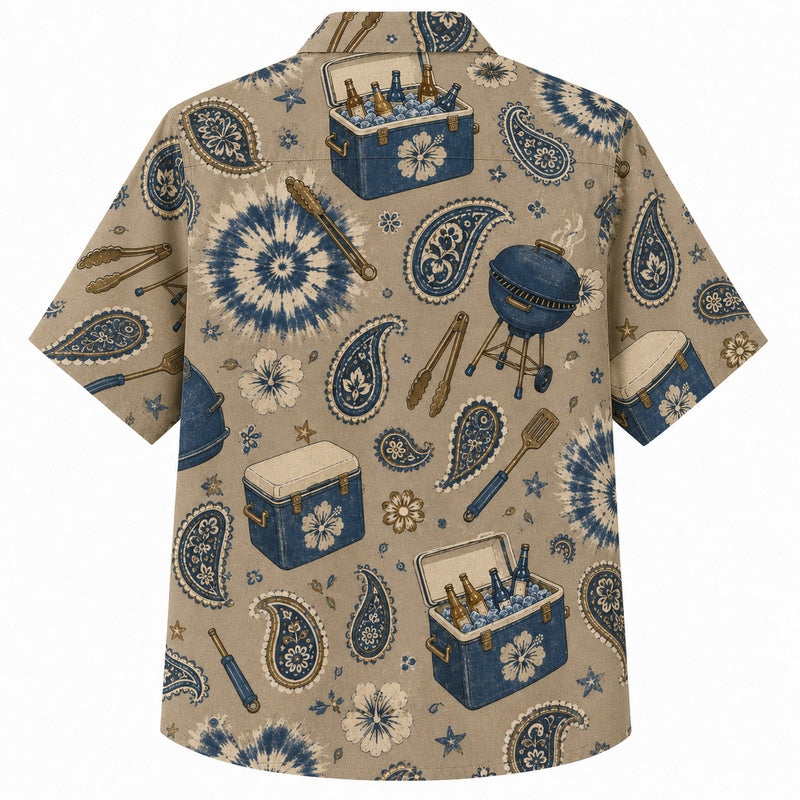 Labor Day Hawaiian Shirt- Khaki Paisley Cooler and Grill Print
