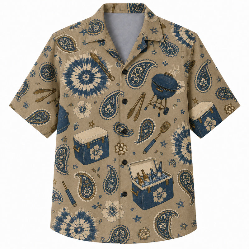 Labor Day Hawaiian Shirt- Khaki Paisley Cooler and Grill Print