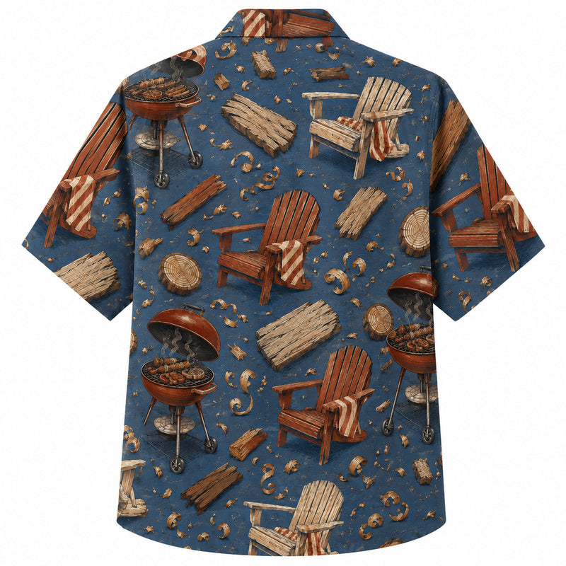 Labor Day Hawaiian Shirt- Lawn Chair and Firewood Grill Print