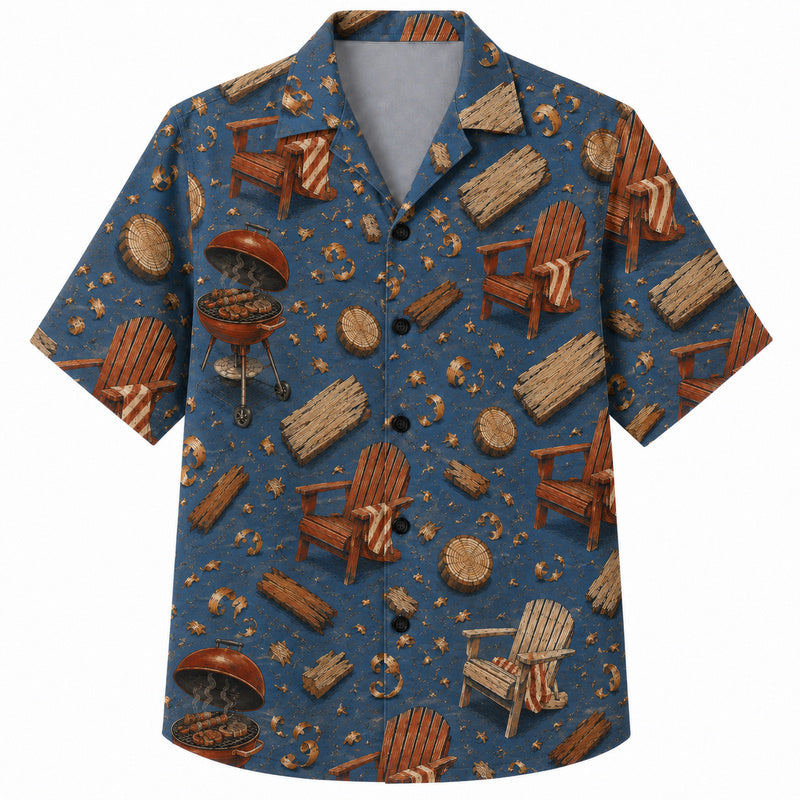 Labor Day Hawaiian Shirt- Lawn Chair and Firewood Grill Print