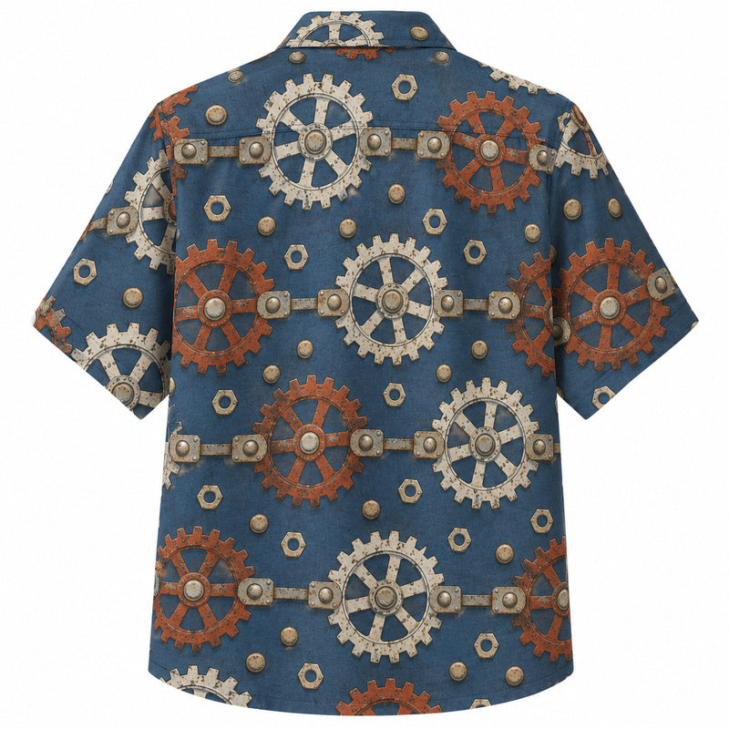 Labor Day Hawaiian Shirt- Linked Cogwheel and Rivet Print on Blue