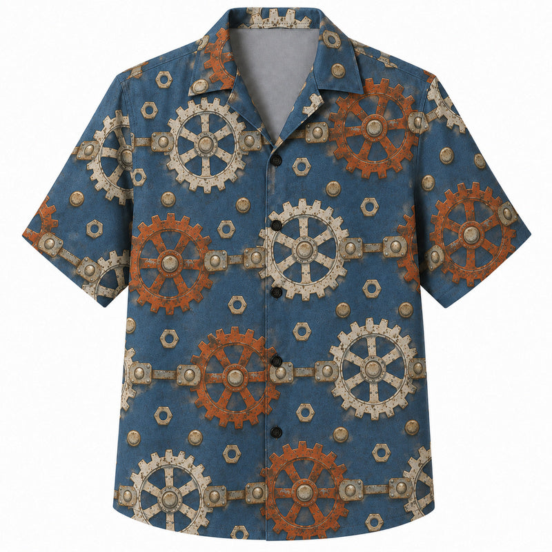 Labor Day Hawaiian Shirt- Linked Cogwheel and Rivet Print on Blue