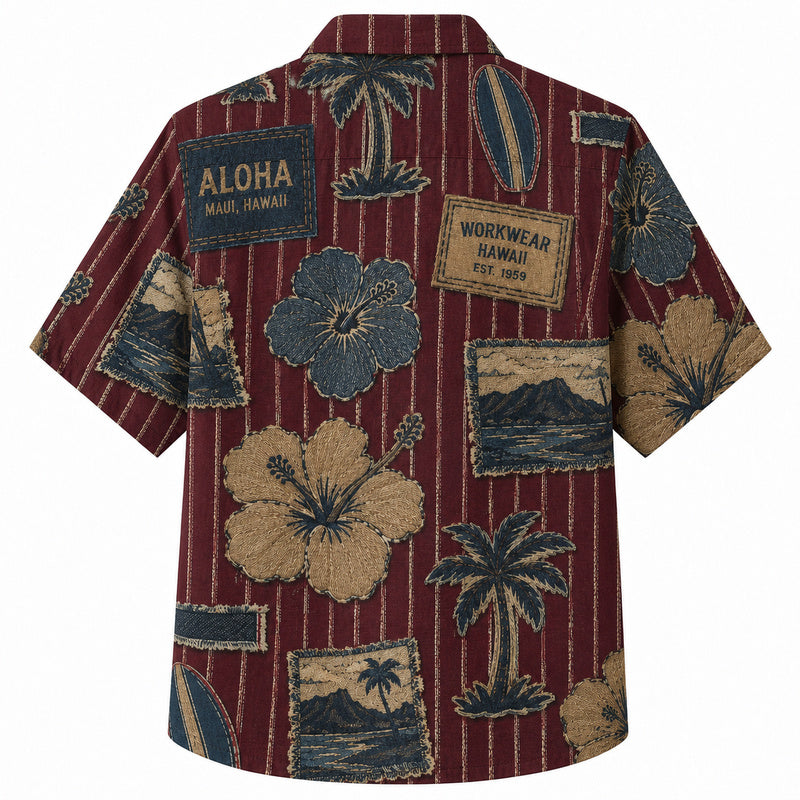 Labor Day Hawaiian Shirt- Maroon Aloha and Workwear Patch Print