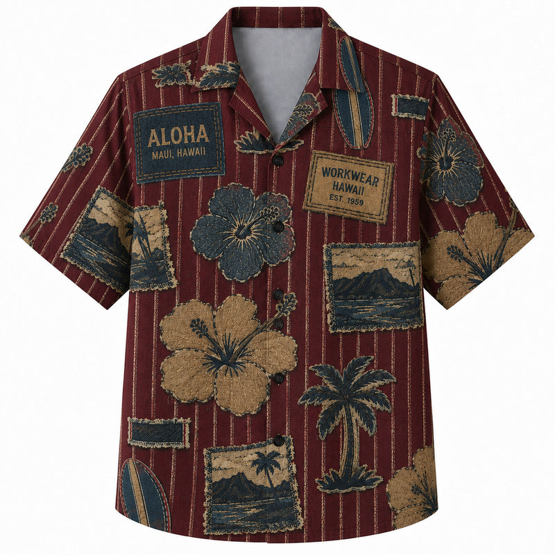 Labor Day Hawaiian Shirt- Maroon Aloha and Workwear Patch Print