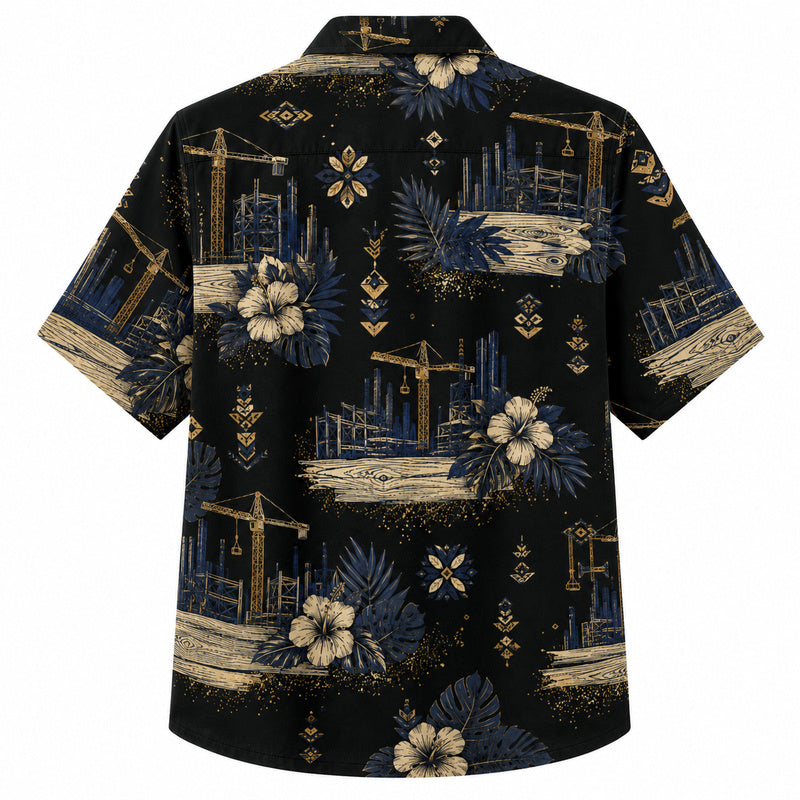 Labor Day Hawaiian Shirt- Midnight Crane Hibiscus Pattern for Summer