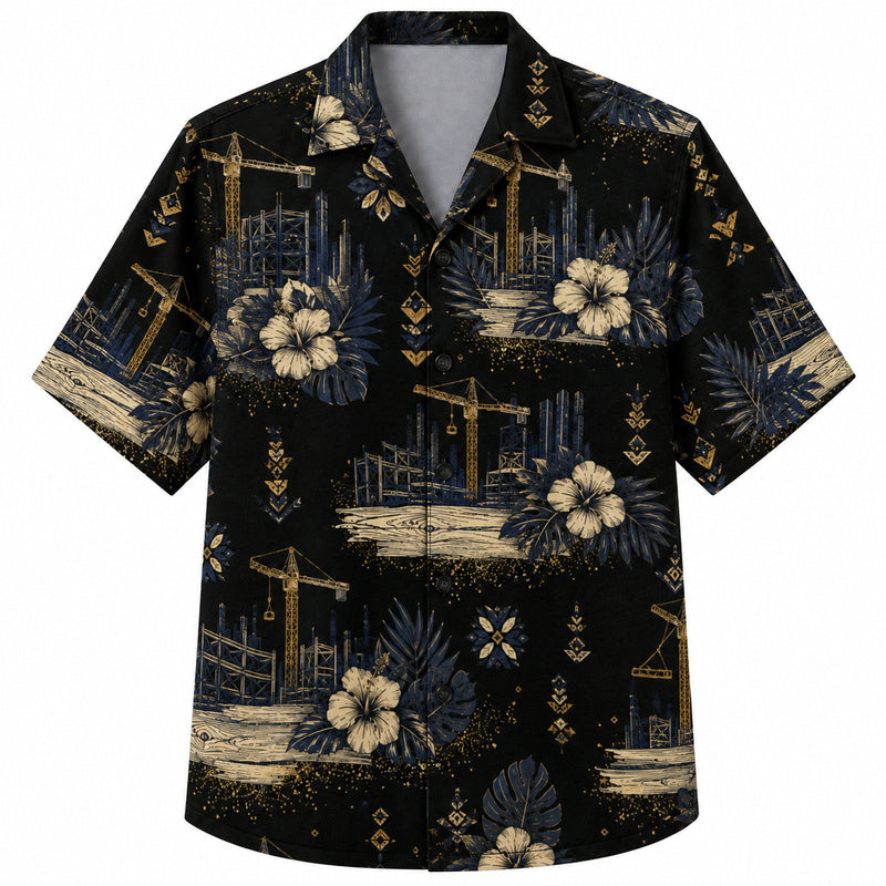 Labor Day Hawaiian Shirt- Midnight Crane Hibiscus Pattern for Summer