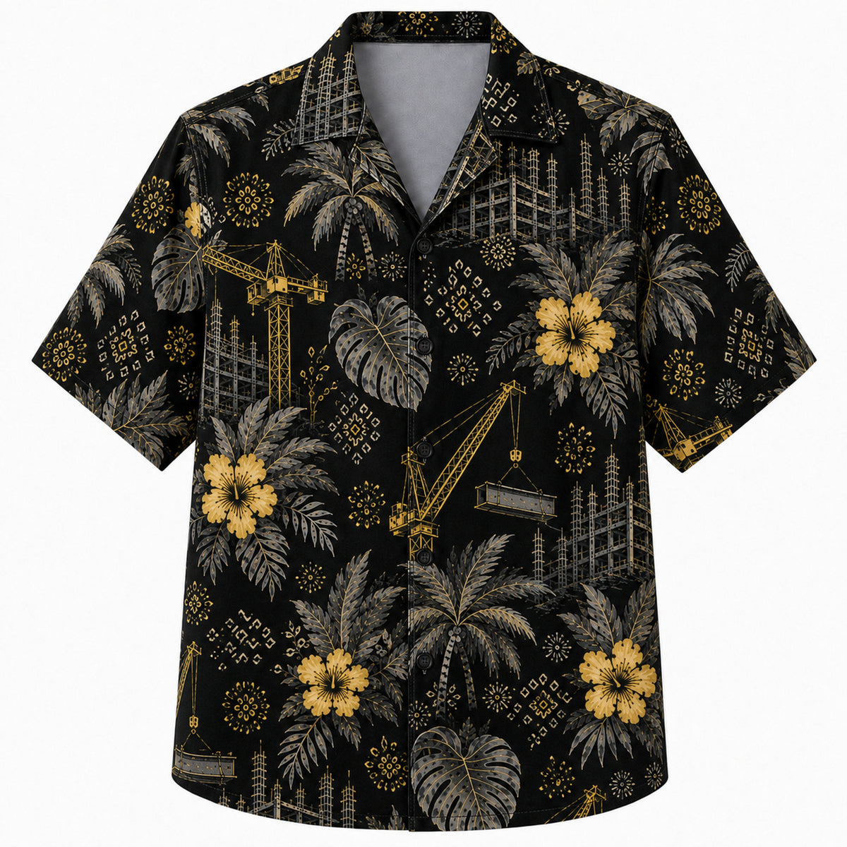 Labor Day Hawaiian Shirt- Midnight Palm and Crane Silhouette Print