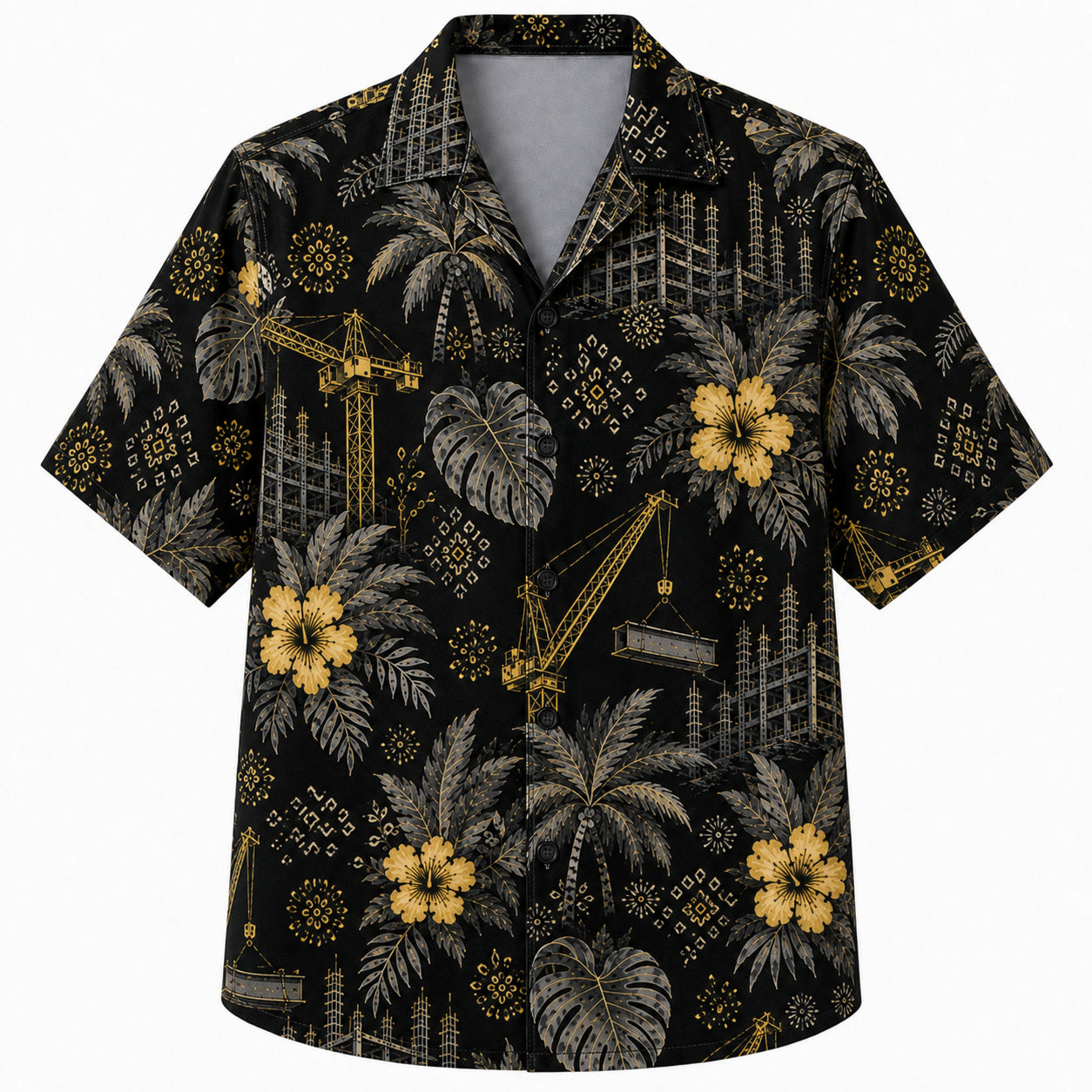 Labor Day Hawaiian Shirt- Midnight Palm and Crane Silhouette Print