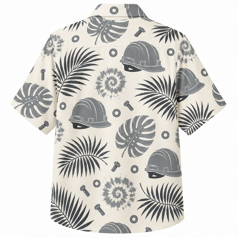 Labor Day Hawaiian Shirt- Monochrome Hard Hat and Frond Print
