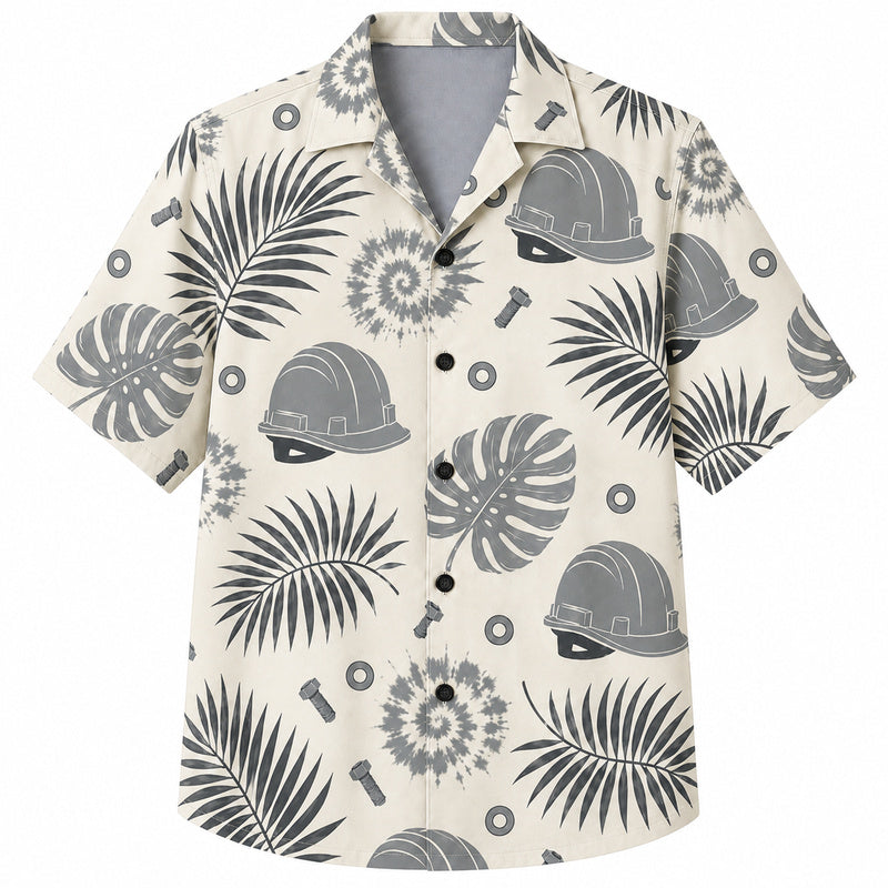 Labor Day Hawaiian Shirt- Monochrome Hard Hat and Frond Print