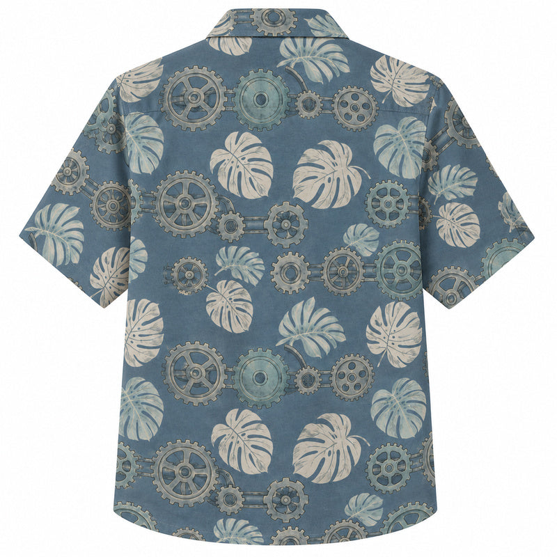 Labor Day Hawaiian Shirt- Monstera Leaf and Bronze Cog Wheel Print