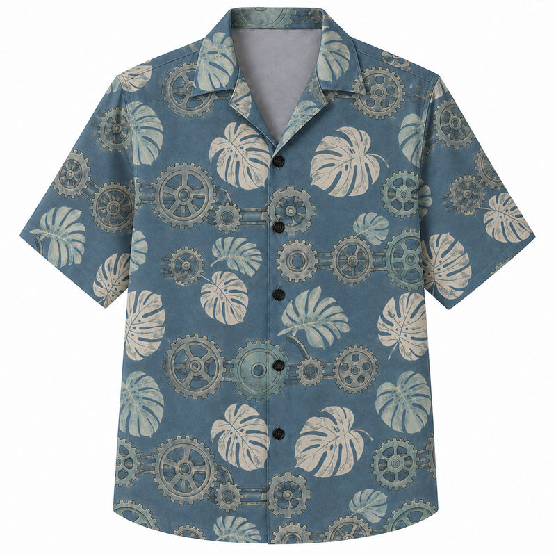 Labor Day Hawaiian Shirt- Monstera Leaf and Bronze Cog Wheel Print