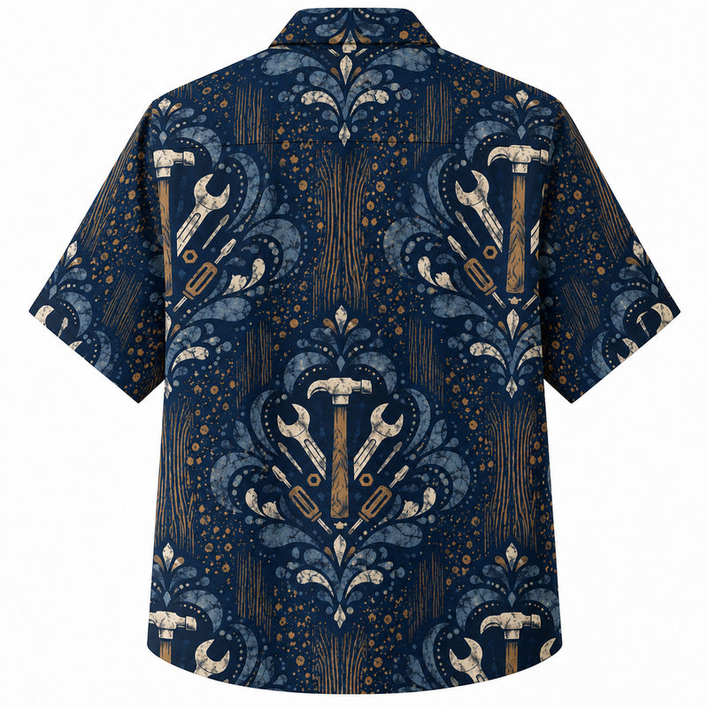 Labor Day Hawaiian Shirt- Navy Damask Wrench and Hammer Print