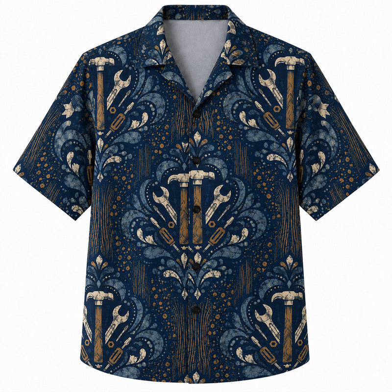Labor Day Hawaiian Shirt- Navy Damask Wrench and Hammer Print