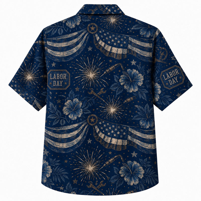 Labor Day Hawaiian Shirt- Navy Firework Flag and Bloom Print