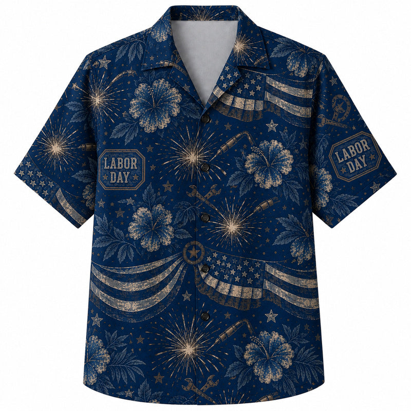 Labor Day Hawaiian Shirt- Navy Firework Flag and Bloom Print