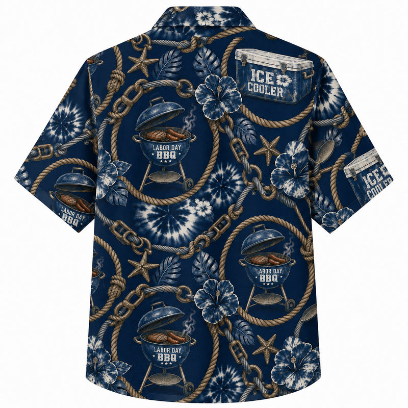Labor Day Hawaiian Shirt- Navy Helmet Grill Rope and Chain Print