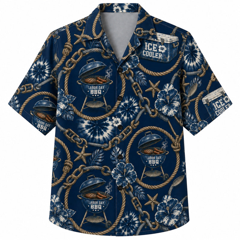 Labor Day Hawaiian Shirt- Navy Helmet Grill Rope and Chain Print