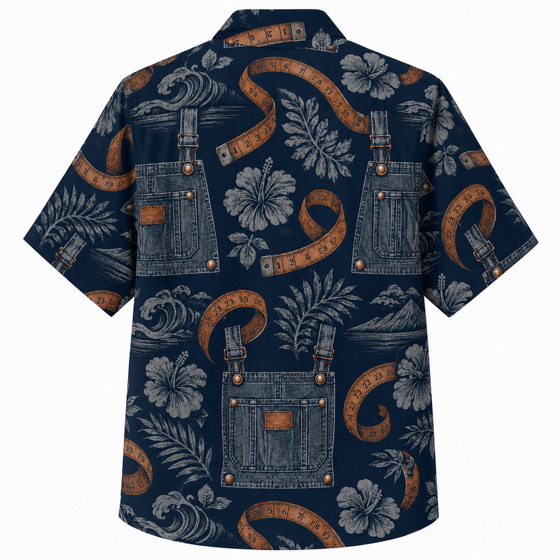 Labor Day Hawaiian Shirt- Navy Overall and Hibiscus Tape Print