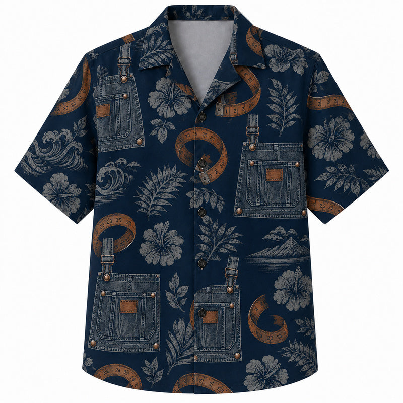 Labor Day Hawaiian Shirt- Navy Overall and Hibiscus Tape Print