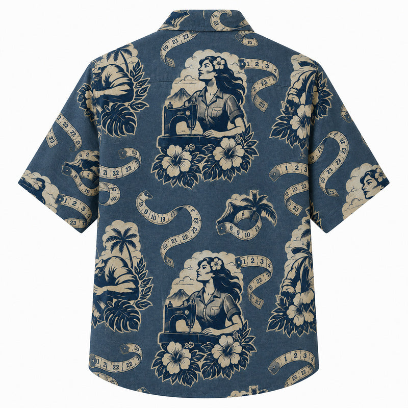 Labor Day Hawaiian Shirt- Navy Riveter Ribbon and Hibiscus Print