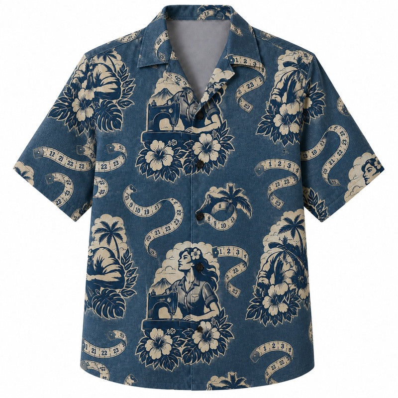 Labor Day Hawaiian Shirt- Navy Riveter Ribbon and Hibiscus Print