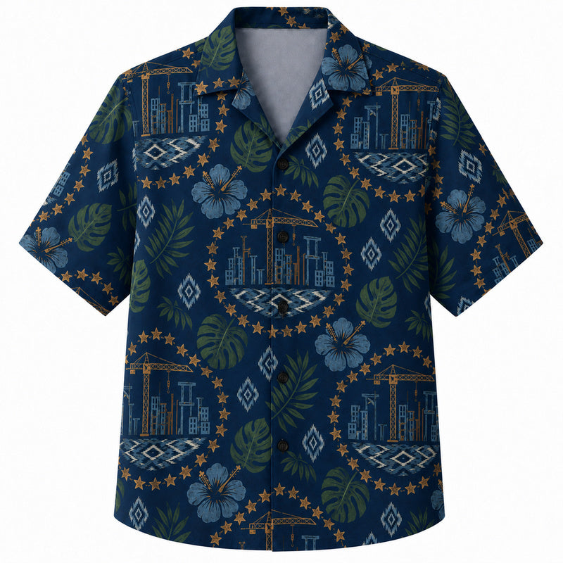 Labor Day Hawaiian Shirt- Navy Skyline Crane and Star Ring Print