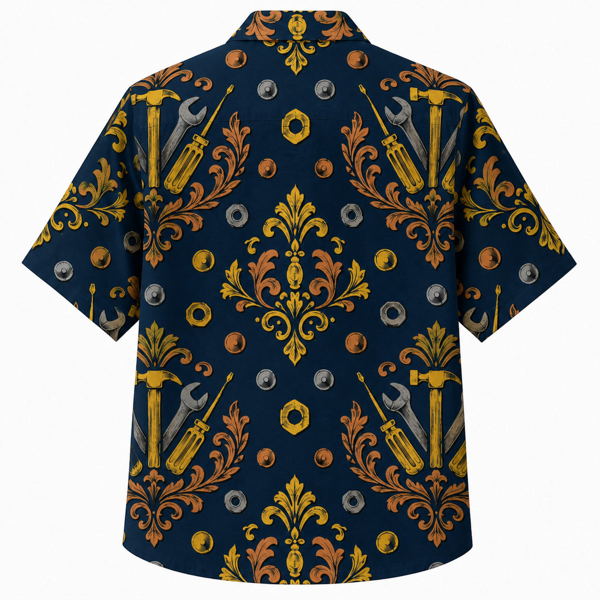 Labor Day Hawaiian Shirt- Ornate Wrench Damask and Bolt Print in Navy