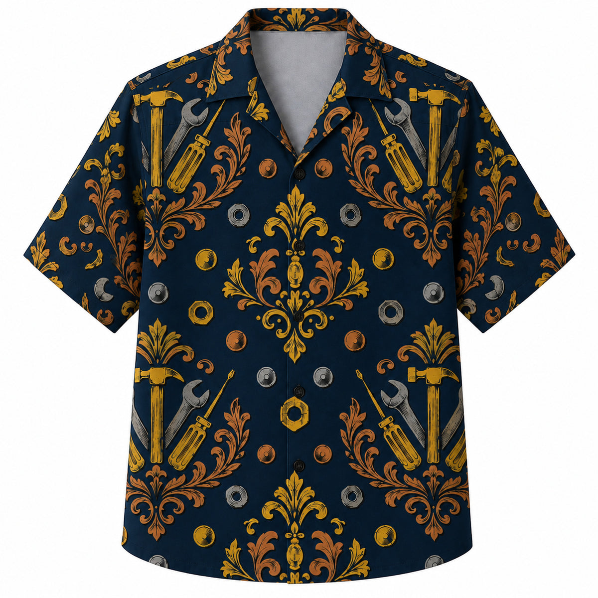 Labor Day Hawaiian Shirt- Ornate Wrench Damask and Bolt Print in Navy