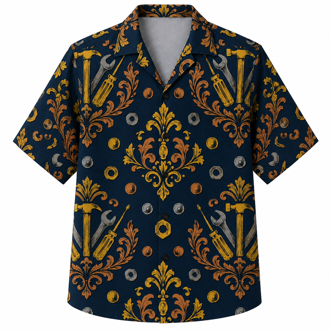 Labor Day Hawaiian Shirt- Ornate Wrench Damask and Bolt Print in Navy