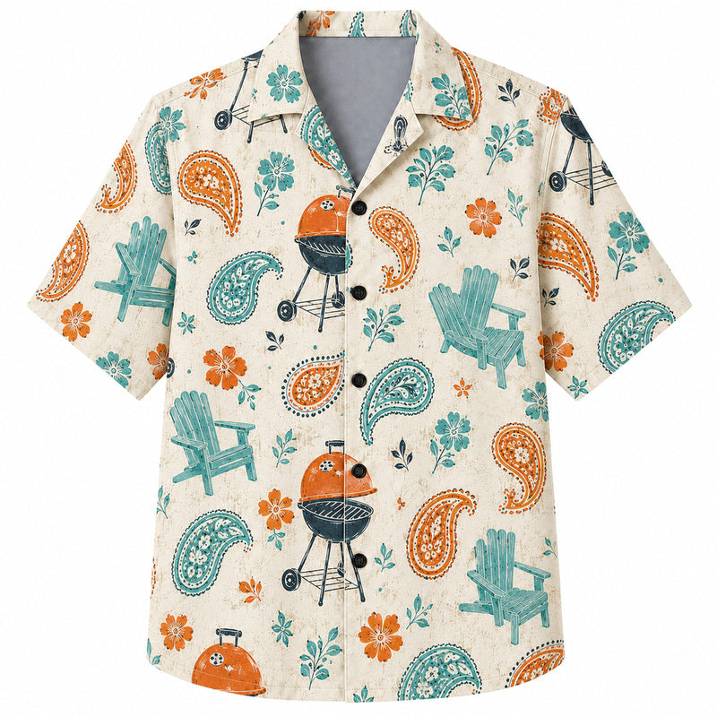 Labor Day Hawaiian Shirt - Paisley Grill and Lawn Chair Print for Tradesmen