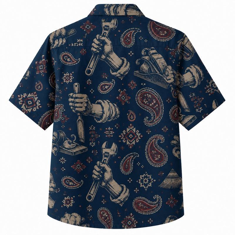 Labor Day Hawaiian Shirt- Paisley Hand Tool and Bandana Print
