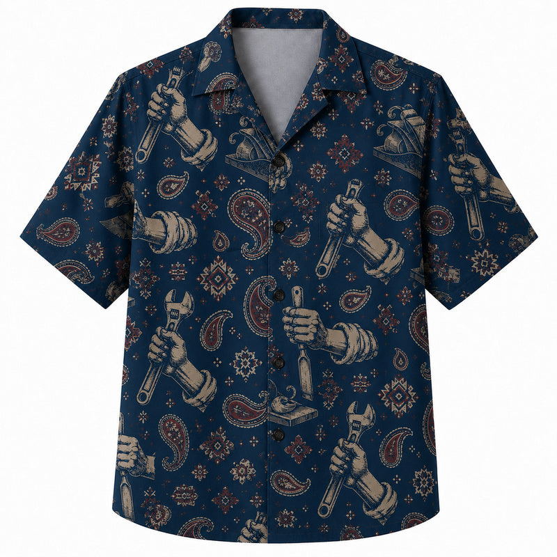 Labor Day Hawaiian Shirt- Paisley Hand Tool and Bandana Print