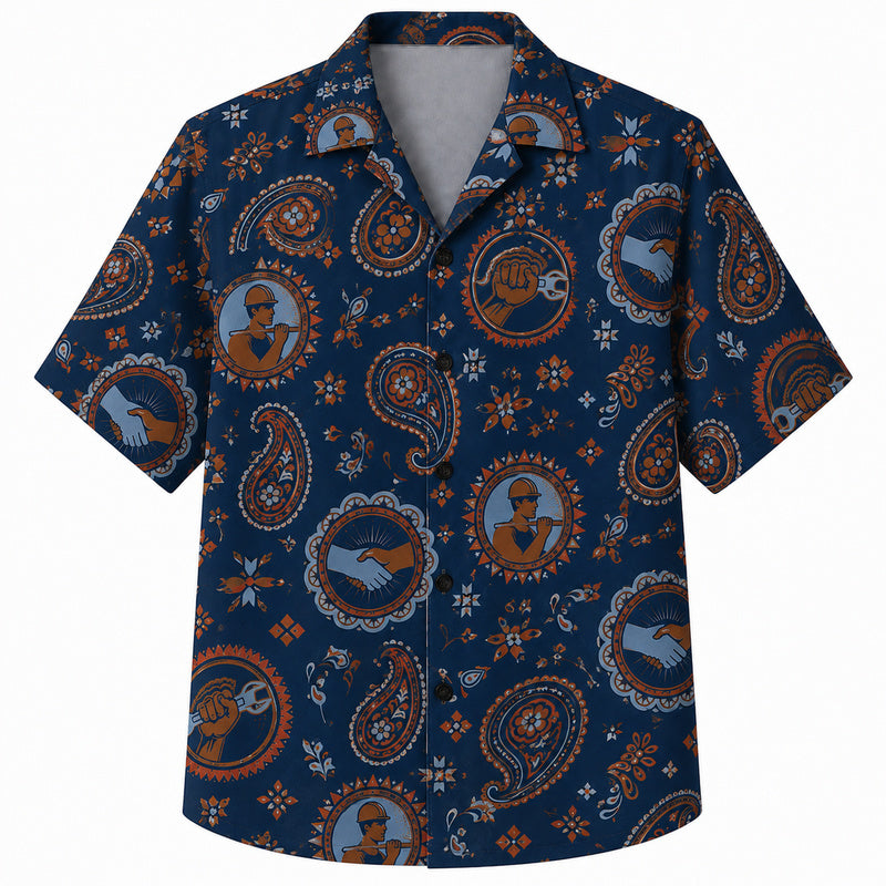 Labor Day Hawaiian Shirt- Paisley Medallion Worker Print for Summer