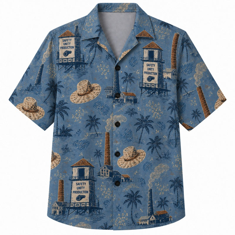 Labor Day Hawaiian Shirt Palm Lighthouse Denim Print for the Holiday