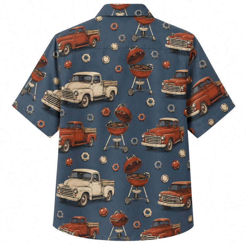 Labor Day Hawaiian Shirt- Pickup Truck and Kettle Grill Print on Blue