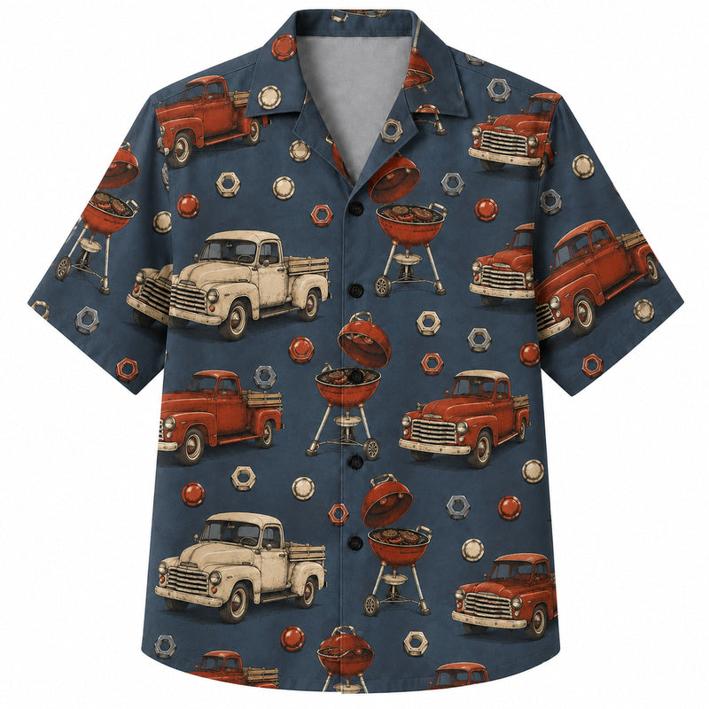 Labor Day Hawaiian Shirt- Pickup Truck and Kettle Grill Print on Blue