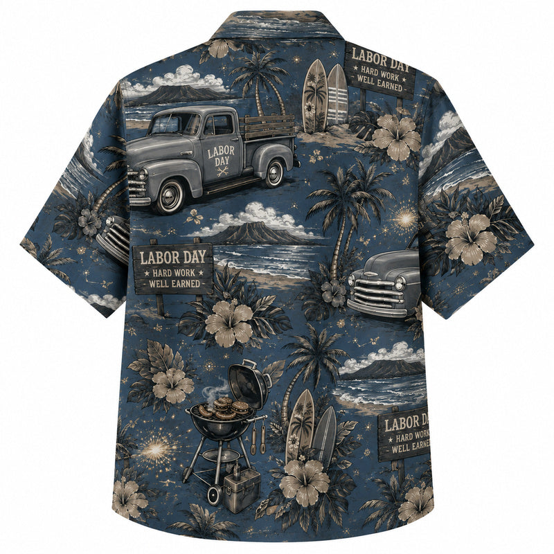 Labor Day Hawaiian Shirt- Pickup Truck and Surfboard Grill Print