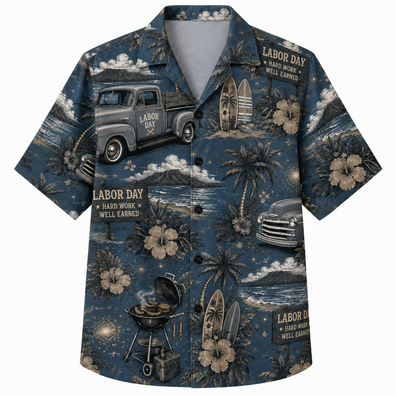 Labor Day Hawaiian Shirt- Pickup Truck and Surfboard Grill Print